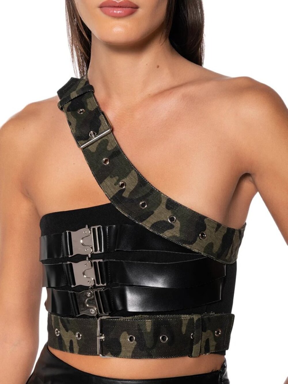 NEW! AKIRA 'On Guard' Camo Buckle Bandeau Crop Top